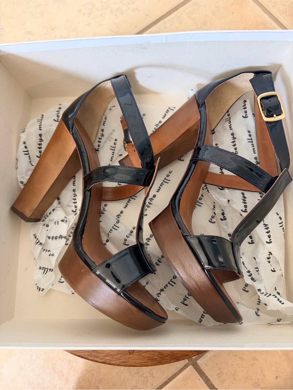 Bettye Muller Retro Black Patent Platform Sandals with Wood-Effect Block 4” Heel